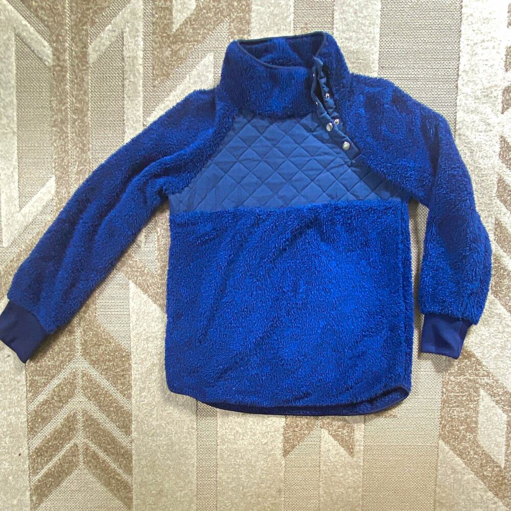 Women’s Blue Fleece Pullover Sweatshirt S Mock Neck 1/4 Snap Quilted Panel
